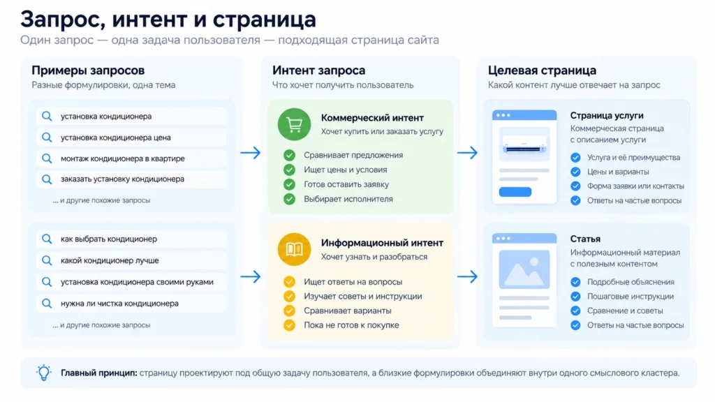 Как связать запрос, интент и страницу сайта Схема распределения ключевых запросов по интенту и страницам