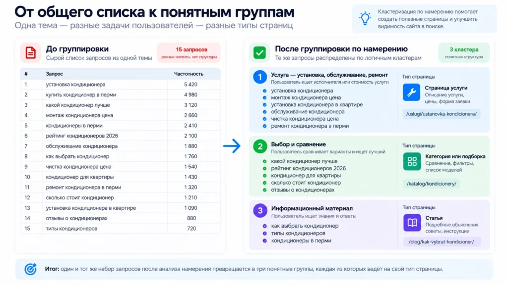 Кластеризация запросов по пользовательской задаче Запросы до и после группировки по намерению пользователя
