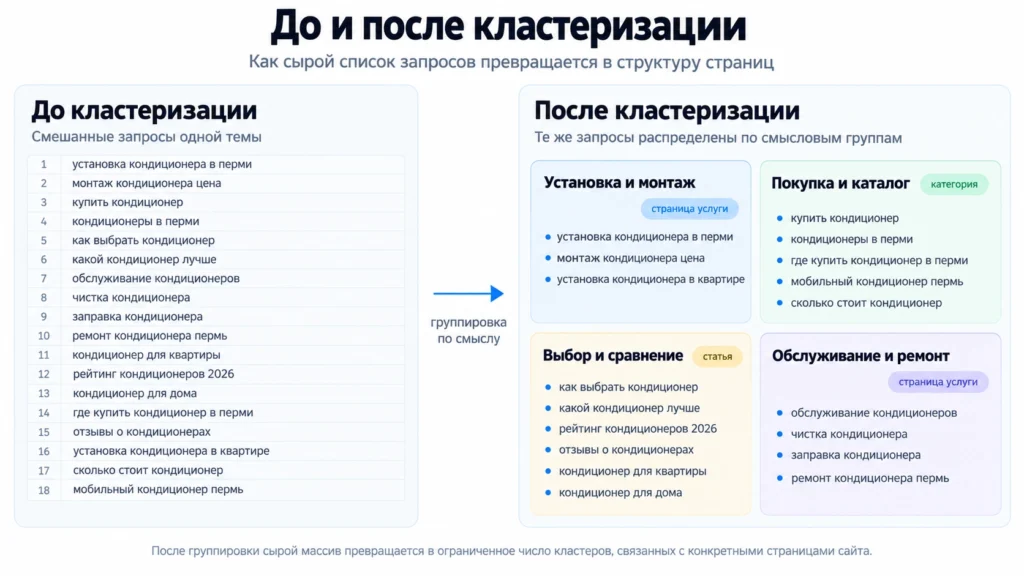 Результат кластеризации семантики Поисковые запросы до и после кластеризации