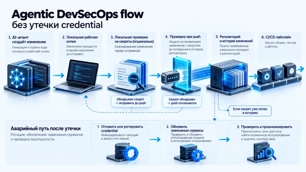 Безопасный маршрут AI-агента через локальную проверку и push protection с отдельной веткой ротации после утечки.