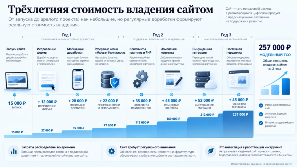 Пример роста стоимости дешёвого сайта за три года