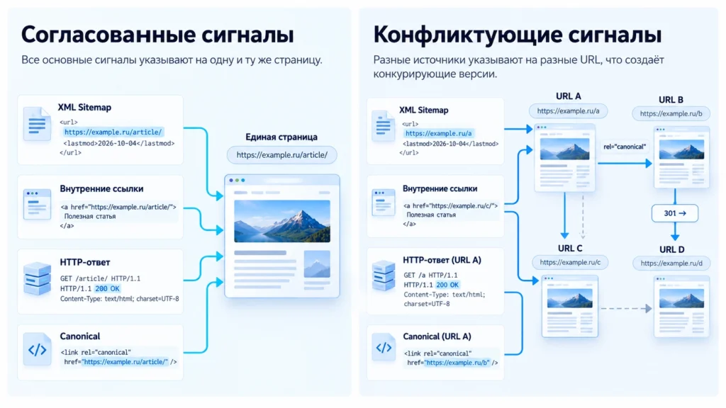 Сравнение согласованных и конфликтующих сигналов индексации для одной страницы