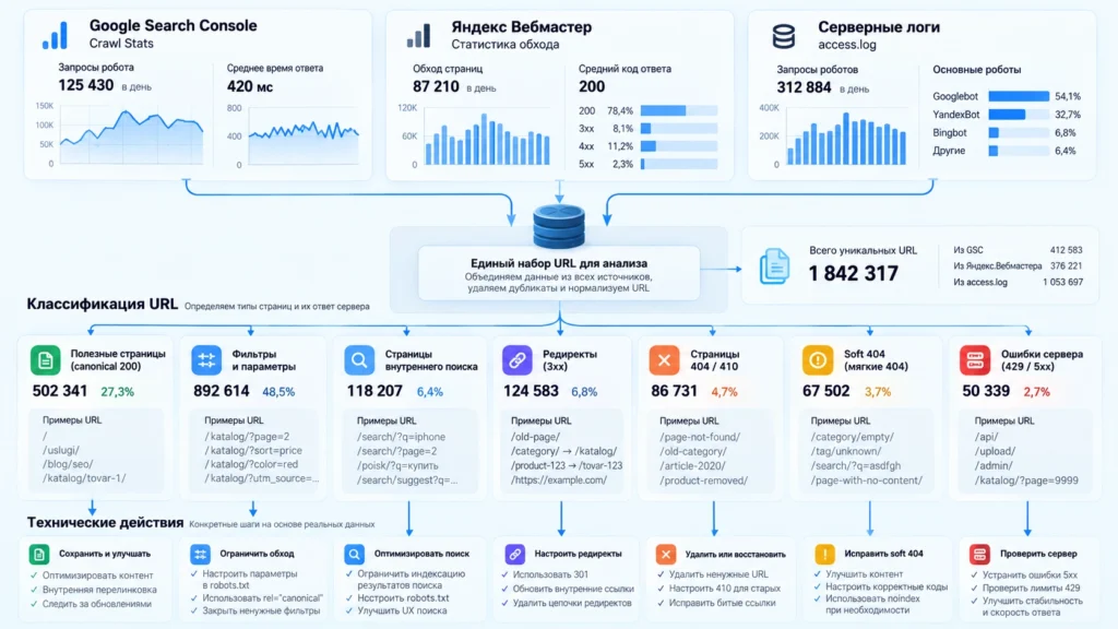 Диагностика crawl budget через Search Console, Яндекс Вебмастер и серверные логи