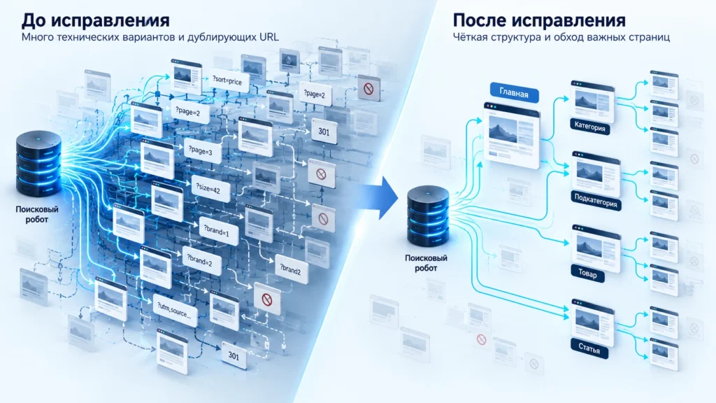 Краулинг сайта до и после удаления лишних технических URL