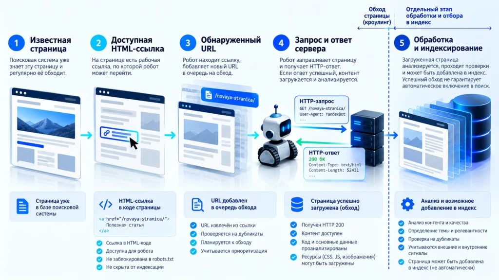 Схема обнаружения URL по ссылке и передачи страницы на индексирование