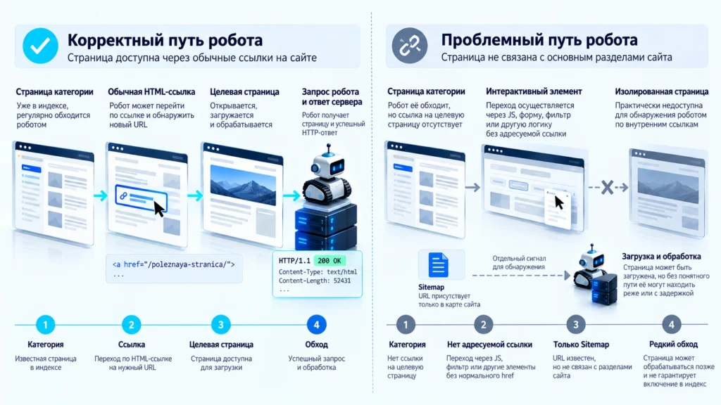 Сравнение доступного и нарушенного пути поискового робота к странице