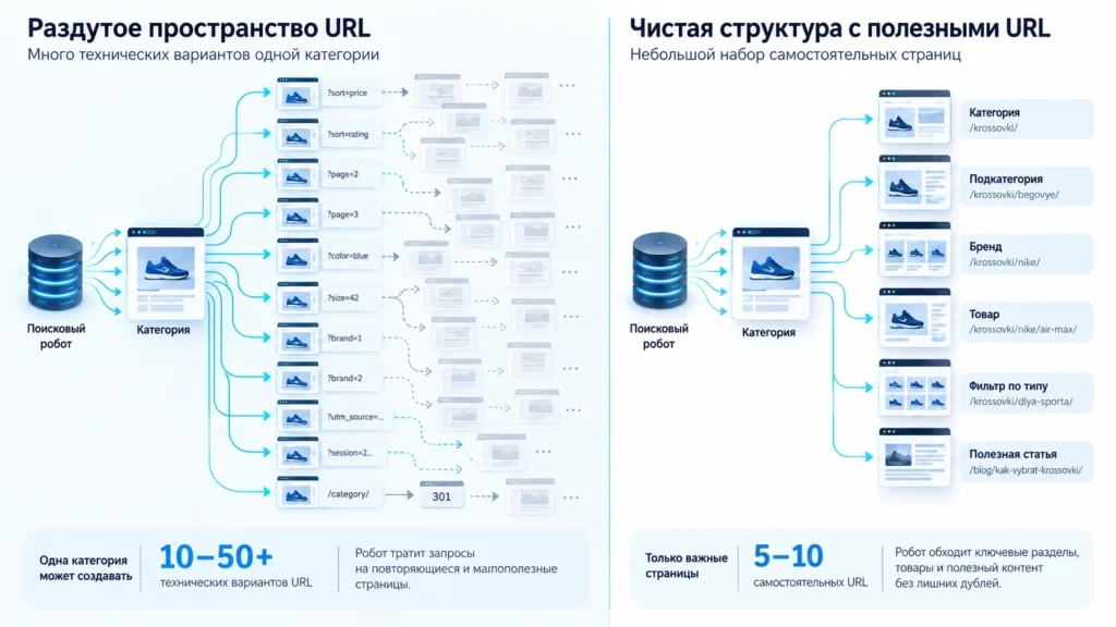Сравнение раздувшегося набора параметрических URL и чистой структуры сайта