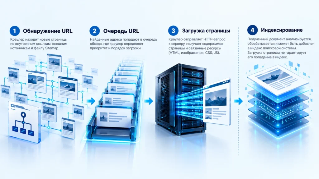 Этапы обнаружения URL, загрузки страницы и последующей обработки
