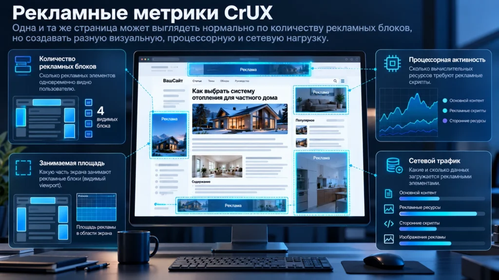 Рекламная нагрузка сайта по метрикам Ad Count, Density, CPU и Network
