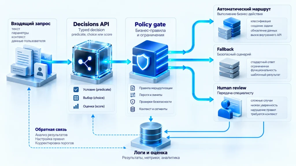 Production-схема маршрутизации через Decisions API, policy, fallback и human review.