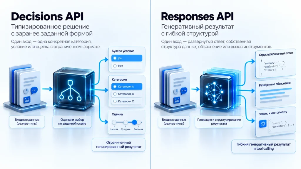 Сравнение типизированных решений Decisions API и генеративных задач Responses API.