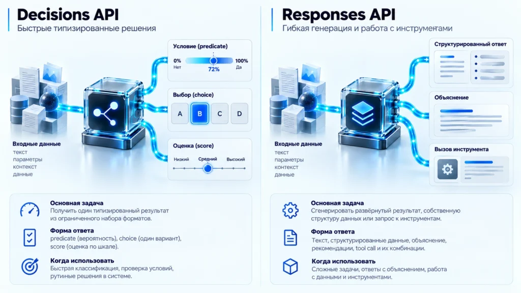 Различия между predicate, choice и score в OpenAI Decisions API.
