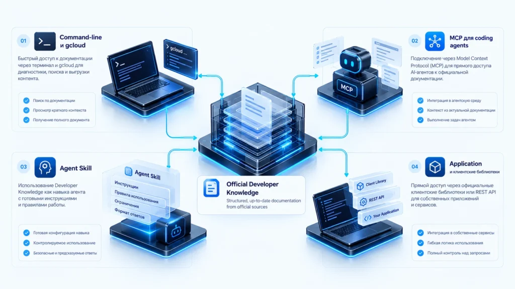 Способы доступа к Google Developer Knowledge через gcloud, MCP, agent skill и клиентские библиотеки.