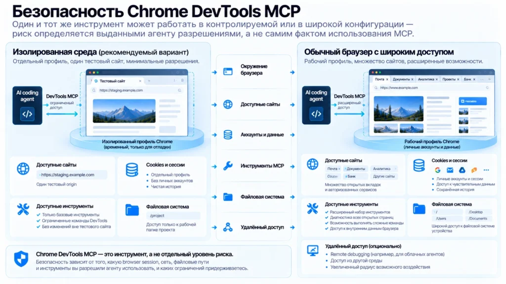 Безопасная и широкая конфигурация Chrome DevTools MCP