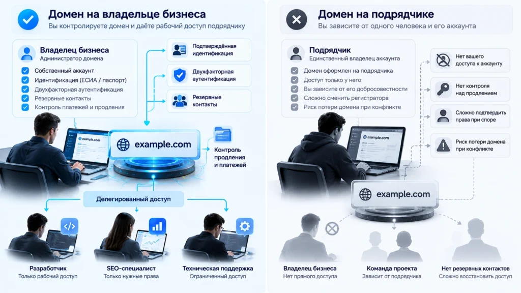 Правильное оформление домена на владельца бизнеса и риск регистрации на подрядчика