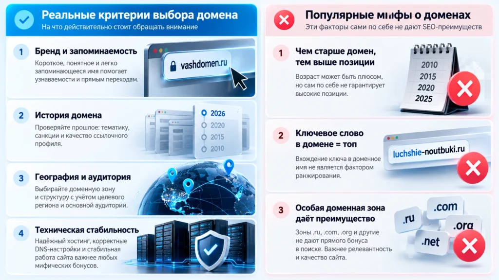 Реальные критерии выбора домена и распространённые SEO-мифы
