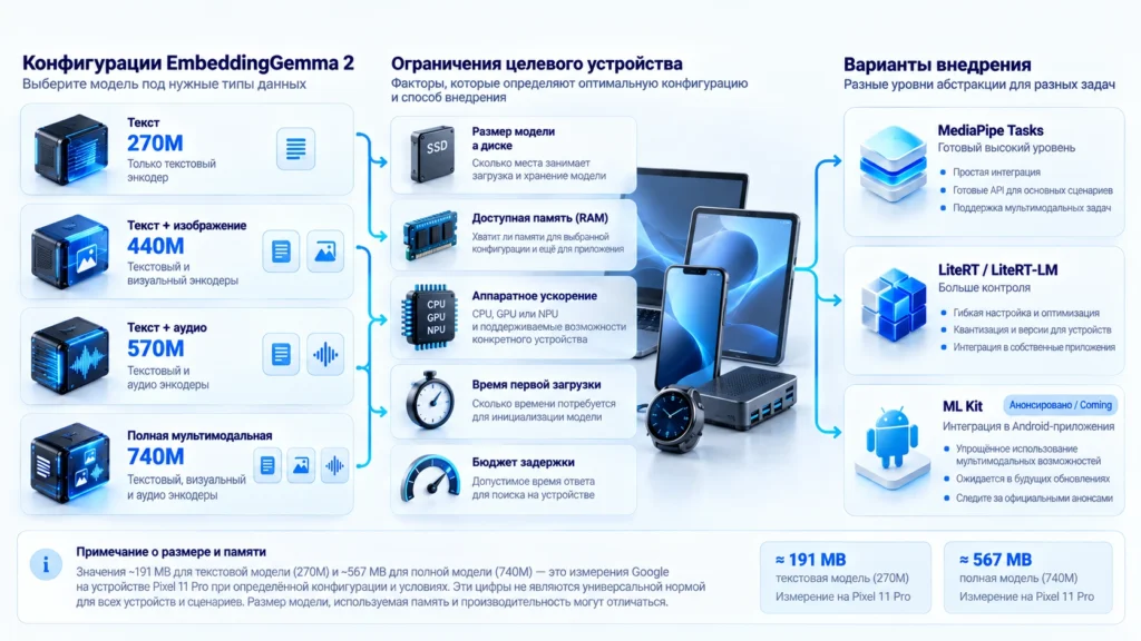 Выбор конфигурации EmbeddingGemma 2 с учётом памяти устройства и runtime