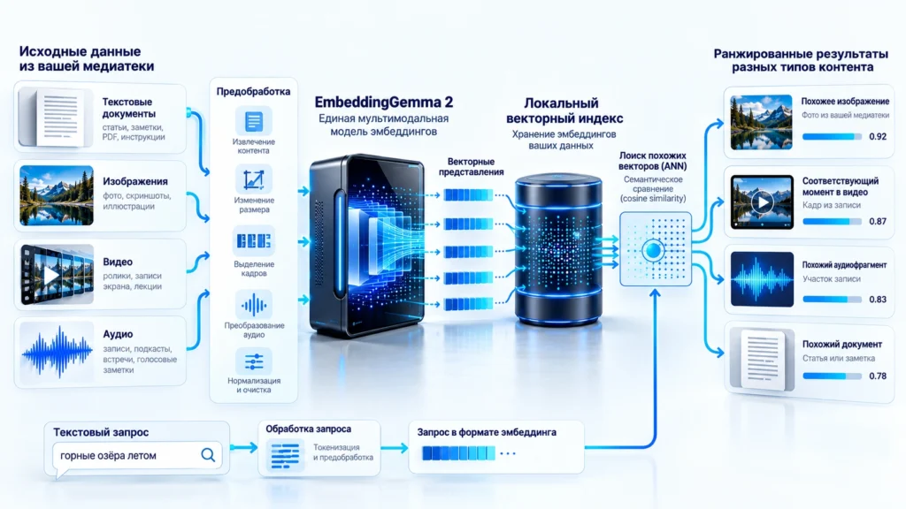 Архитектура локального мультимодального поиска через EmbeddingGemma 2 и ANN-индекс