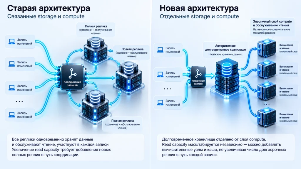 Сравнение связанной Git-архитектуры и раздельного масштабирования storage и compute