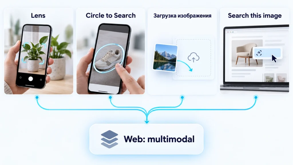 Lens, Circle to Search, загрузка изображения и Search this image