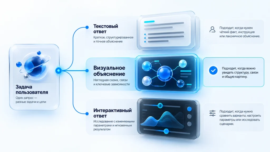 Три формы ответа GPT-6 Intelligent UI: текст, визуальное объяснение и интерактивный интерфейс.