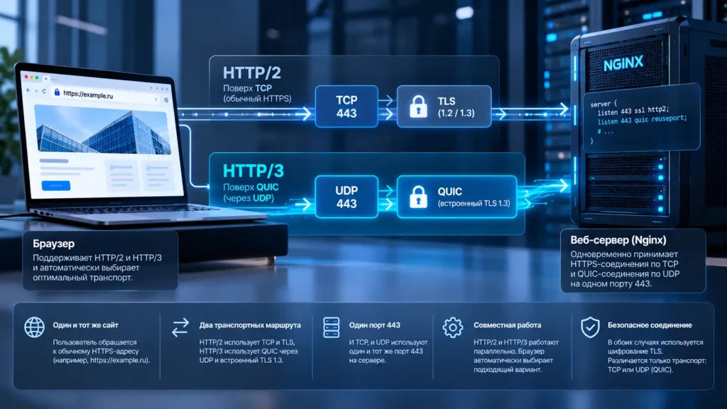 HTTP/3 через QUIC и UDP рядом с HTTP/2 через TCP на Nginx