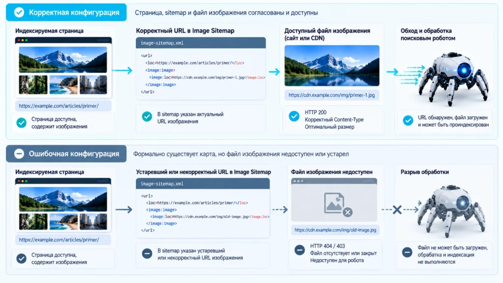 Сравнение рабочей и ошибочной конфигурации Image Sitemap