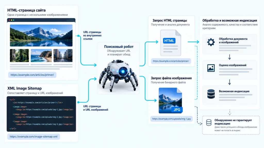 Схема обнаружения изображений через HTML и Image Sitemap.