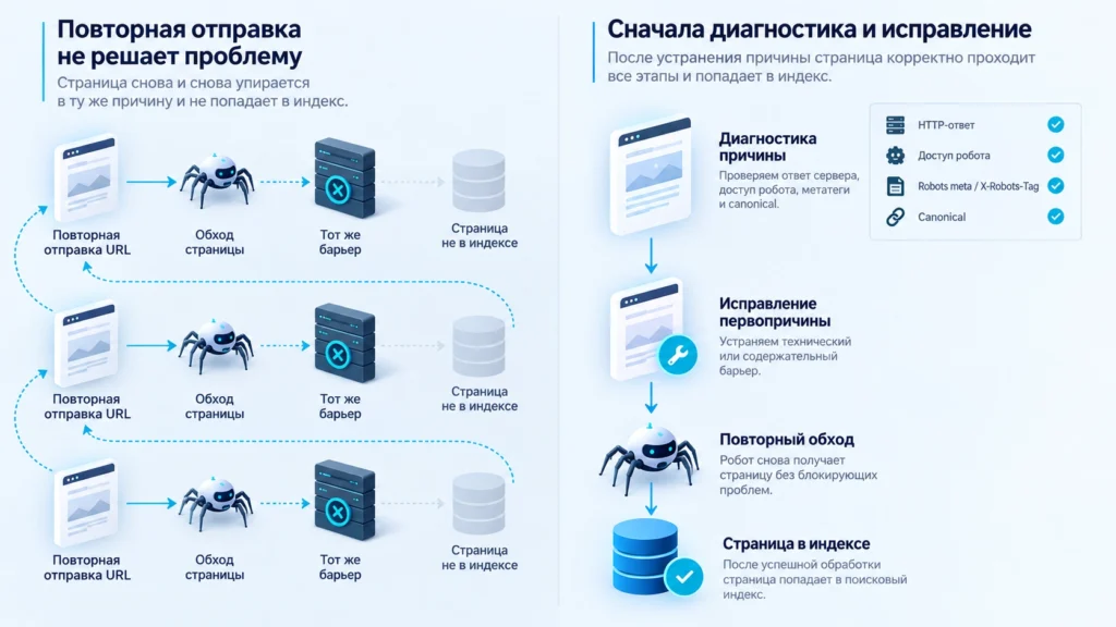 Сравнение повторной отправки страницы и исправления причины отсутствия в индексе