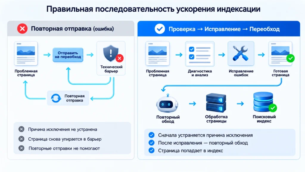 Сравнение повторной отправки проблемного URL и переобхода после технического исправления