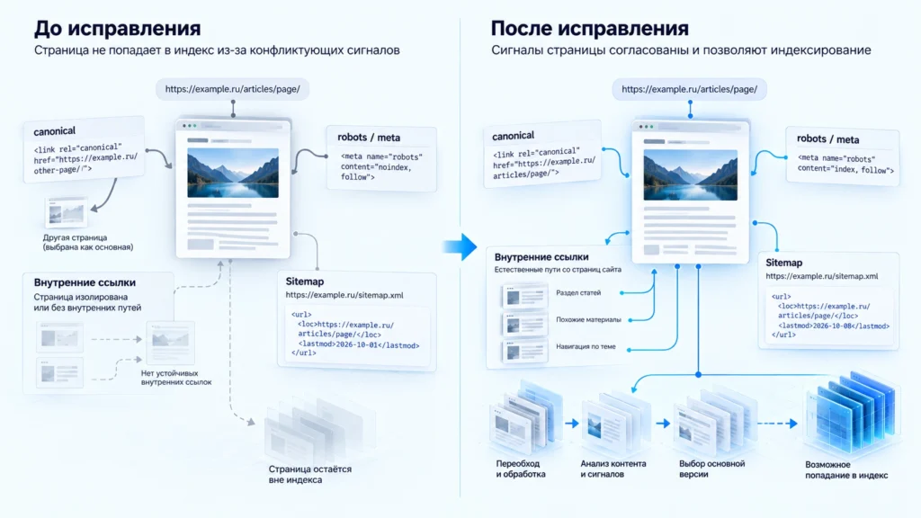 Страница до и после исправления noindex, canonical и внутренних ссылок