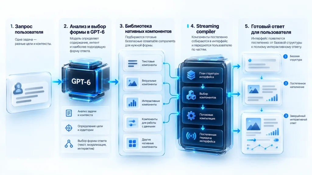 Схема работы GPT-6 Intelligent UI через нативные компоненты и потоковый компилятор.
