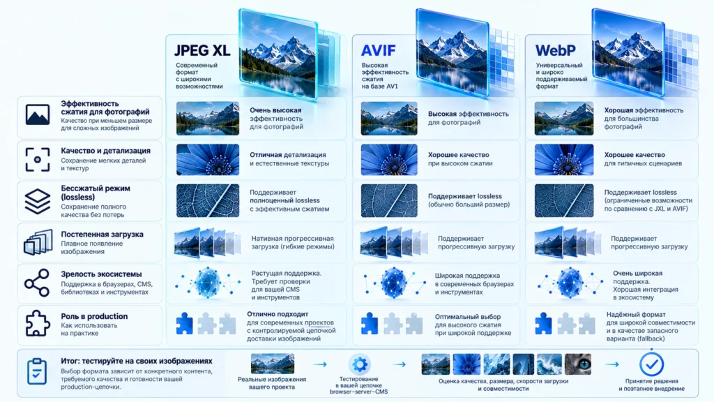 Схема сравнения JPEG XL, AVIF и WebP по практическим критериям выбора