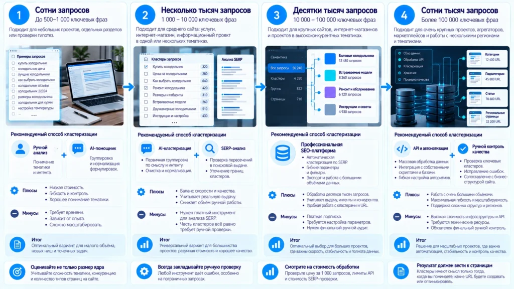 Выбор инструмента кластеризации в зависимости от количества запросов