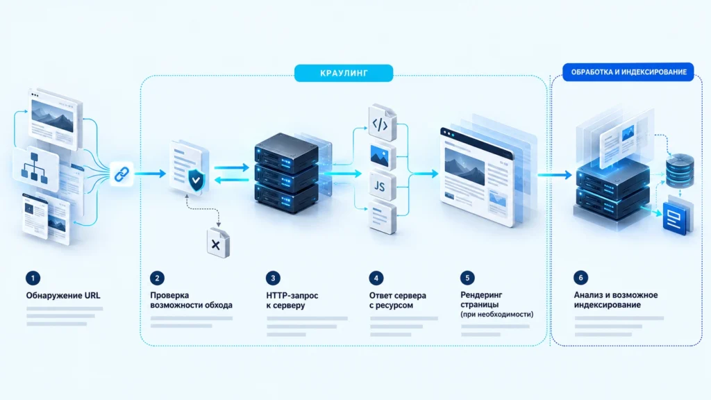 Схема пути от обнаружения URL через краулинг к возможной индексации