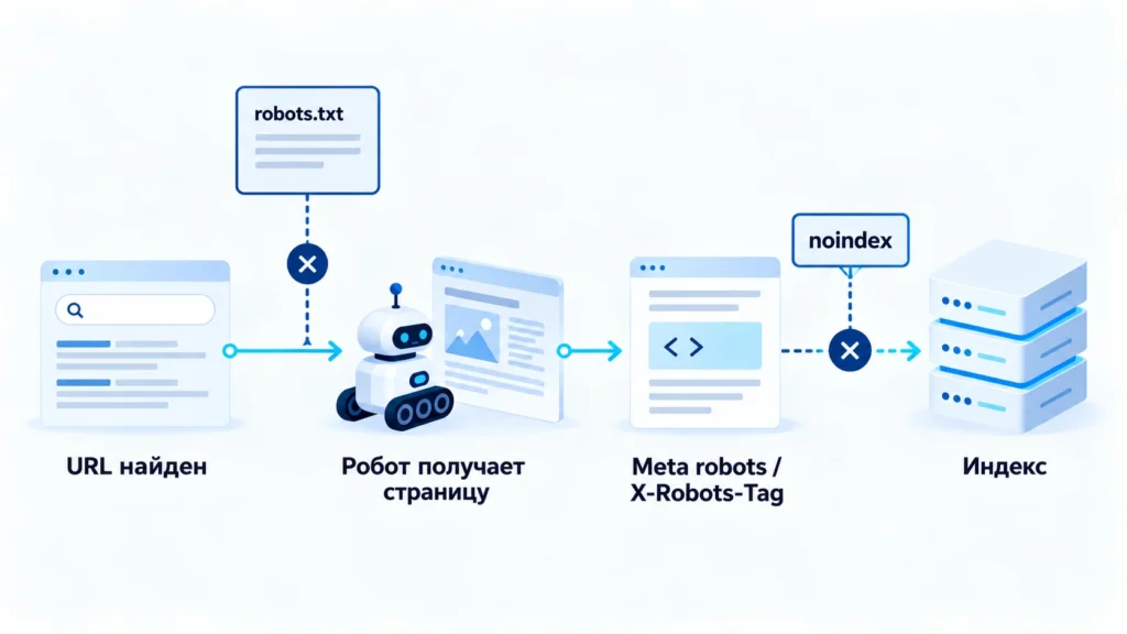 Схема различий между robots.txt, обходом страницы, Meta robots и индексированием