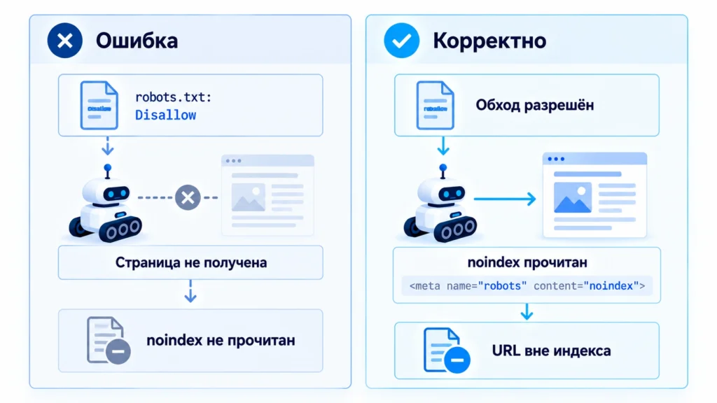 Ошибочная и правильная настройка noindex вместе с robots.txt
