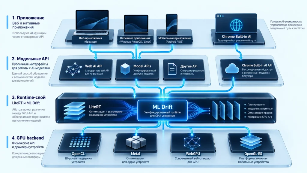 Уровни приложения, LiteRT, ML Drift и GPU backend в локальном AI.