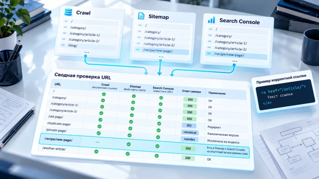 Сверка результатов crawl, Sitemap и Search Console для поиска orphan pages
