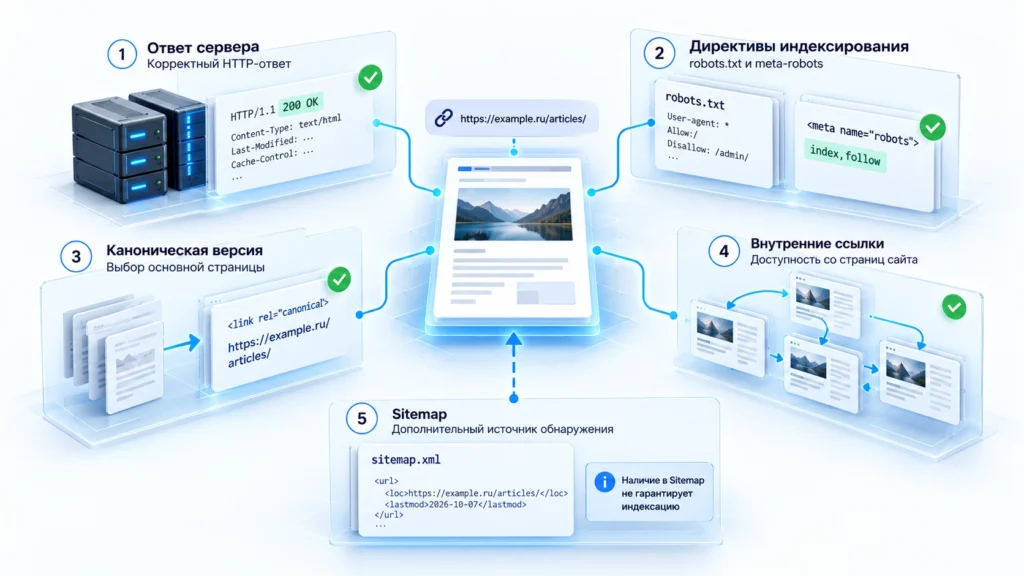 Проверка HTTP-ответа, noindex, canonical и внутренних ссылок страницы