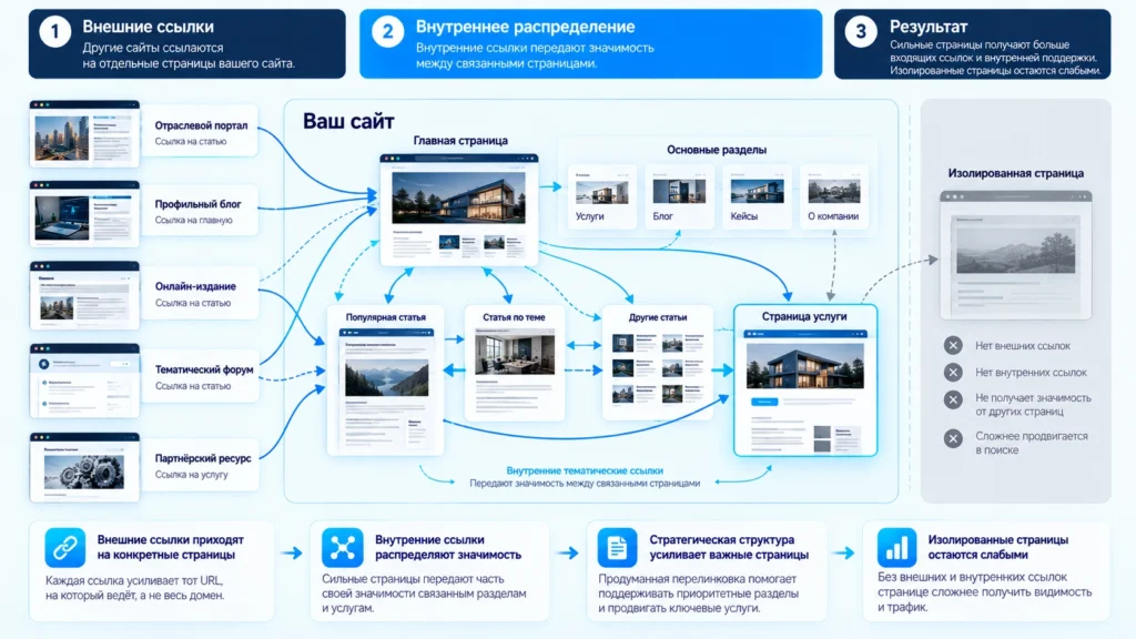 Распределение внешних и внутренних ссылок между страницами сайта