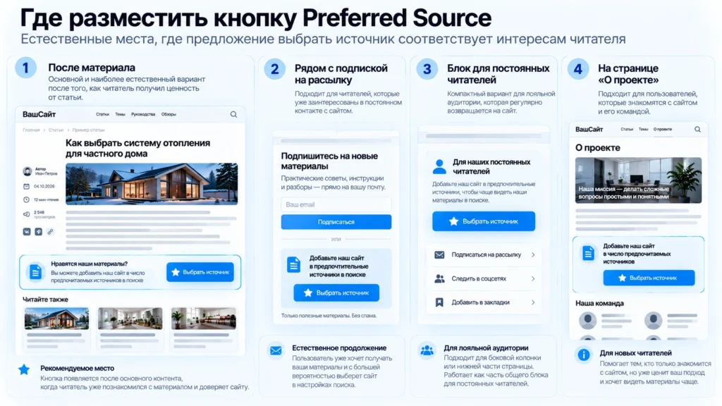 Варианты размещения кнопки Google Preferred Sources на сайте