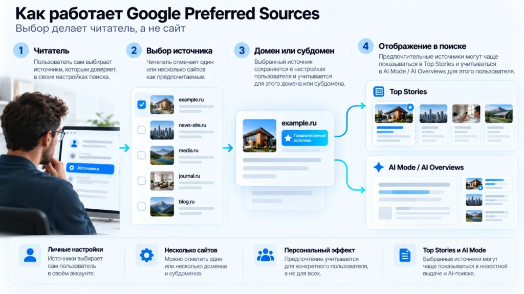 Схема работы Google Preferred Sources от выбора читателя до выдачи