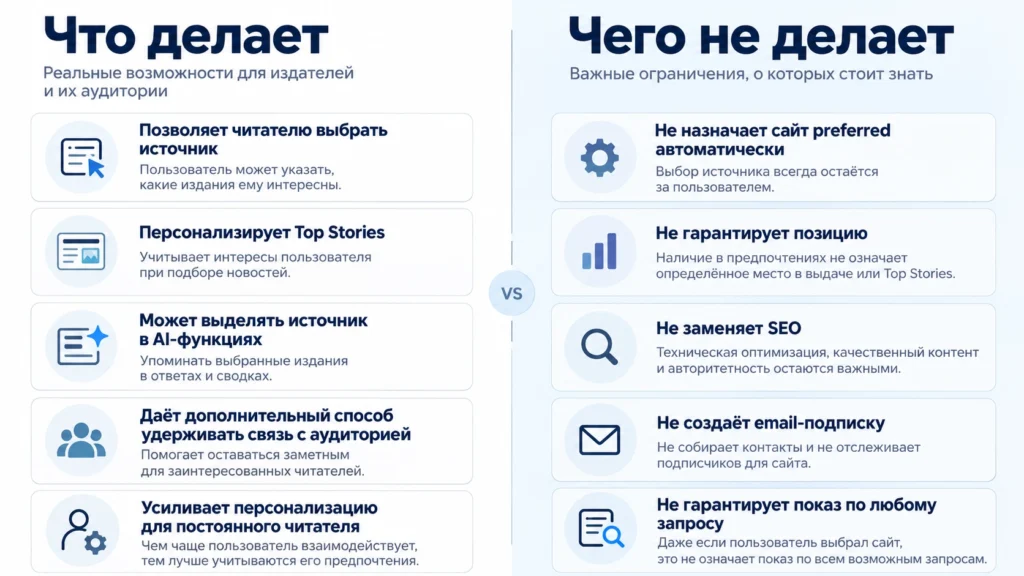 Возможности и ограничения Google Preferred Sources