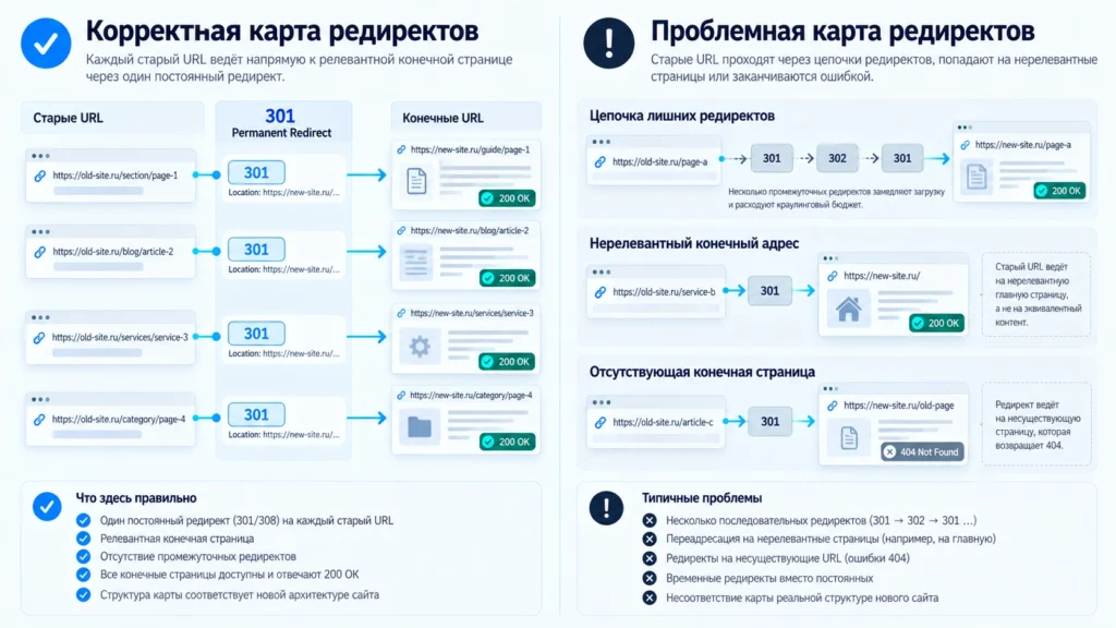 Сравнение прямых редиректов и ошибочных цепочек при миграции URL