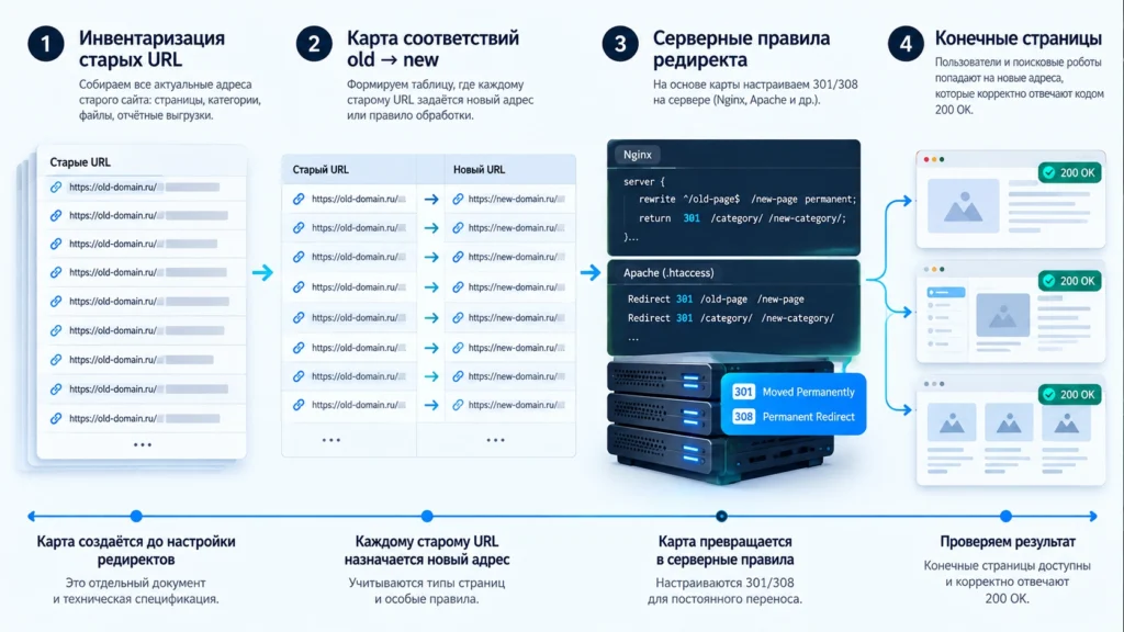 Схема от списка старых URL через карту редиректов к новым страницам