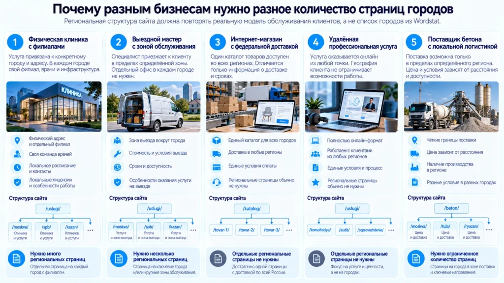 Сравнение региональной SEO-стратегии для пяти типов бизнеса