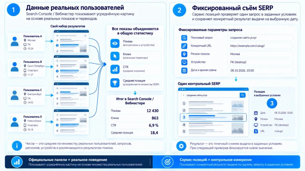 Разница между средней позицией поисковика и фиксированным съёмом SERP