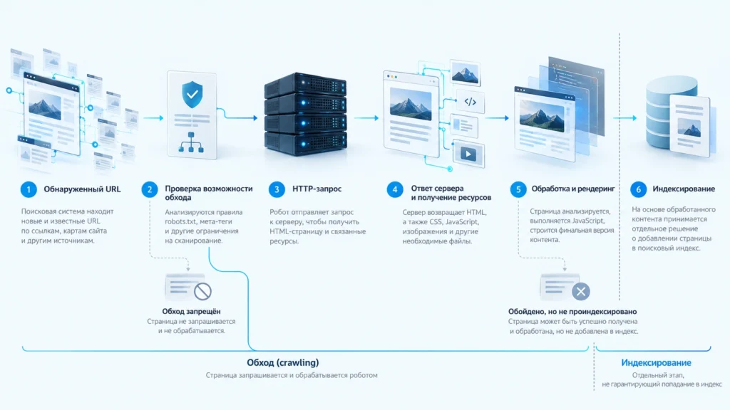 Схема пути URL от обнаружения поисковым роботом до обработки и индексирования