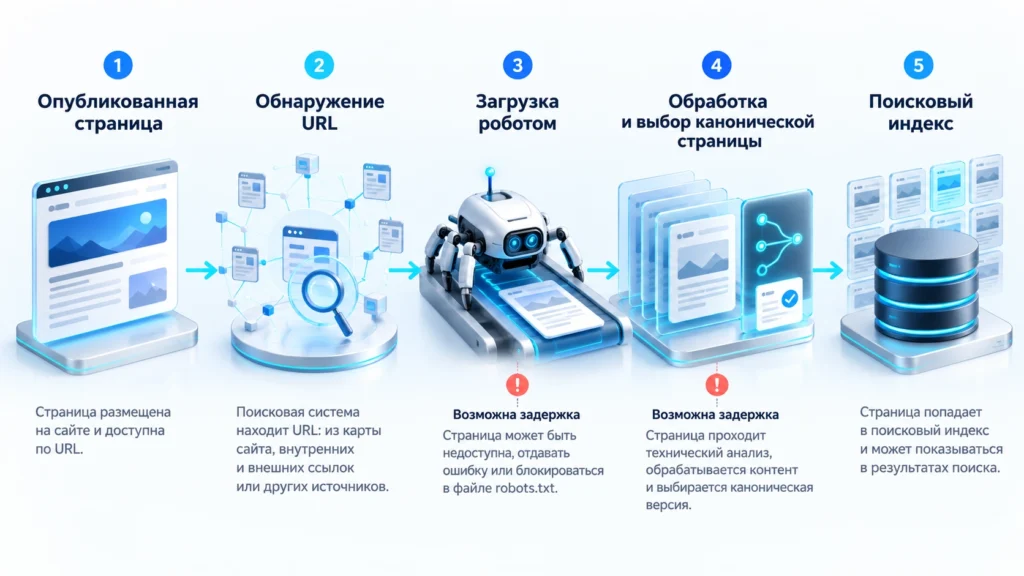 Схема этапов от обнаружения URL до попадания страницы в поисковый индекс